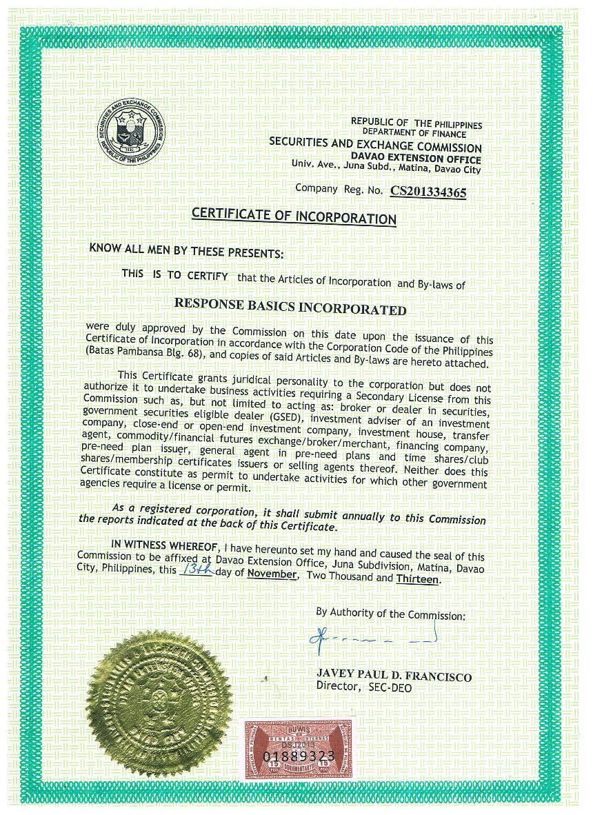 securities and exchange commission certificate of registration